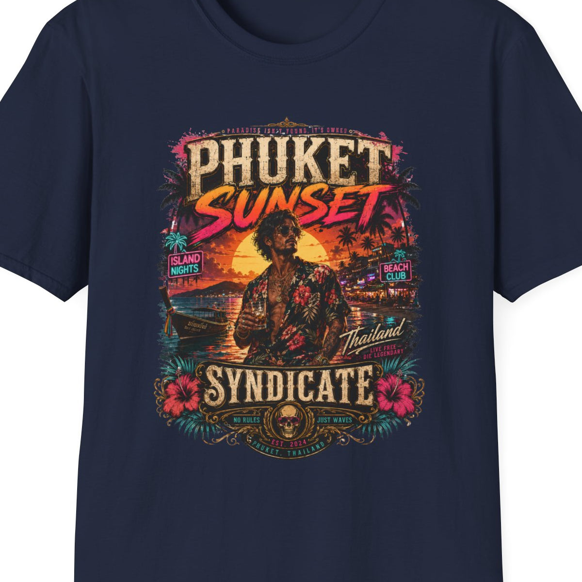Phuket Sunset Syndicate T-Shirt navy Thailand Beach Club Streetwear Graphic Tee – Design Nahaufnahme