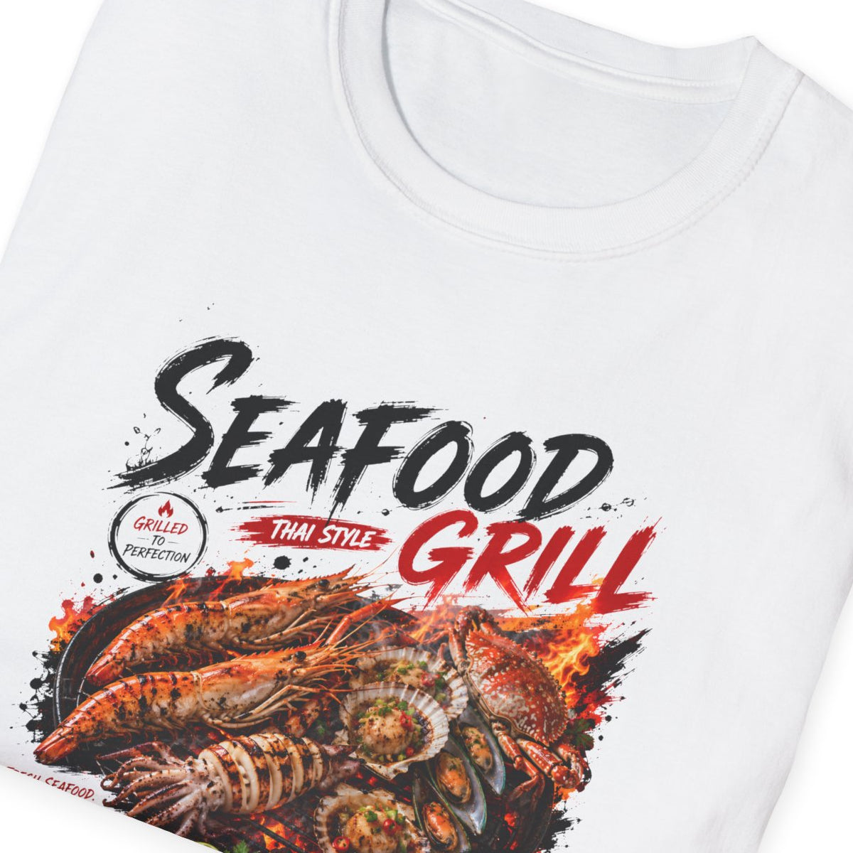 Military Green Seafood Grill T-Shirt – Design Nahaufnahme