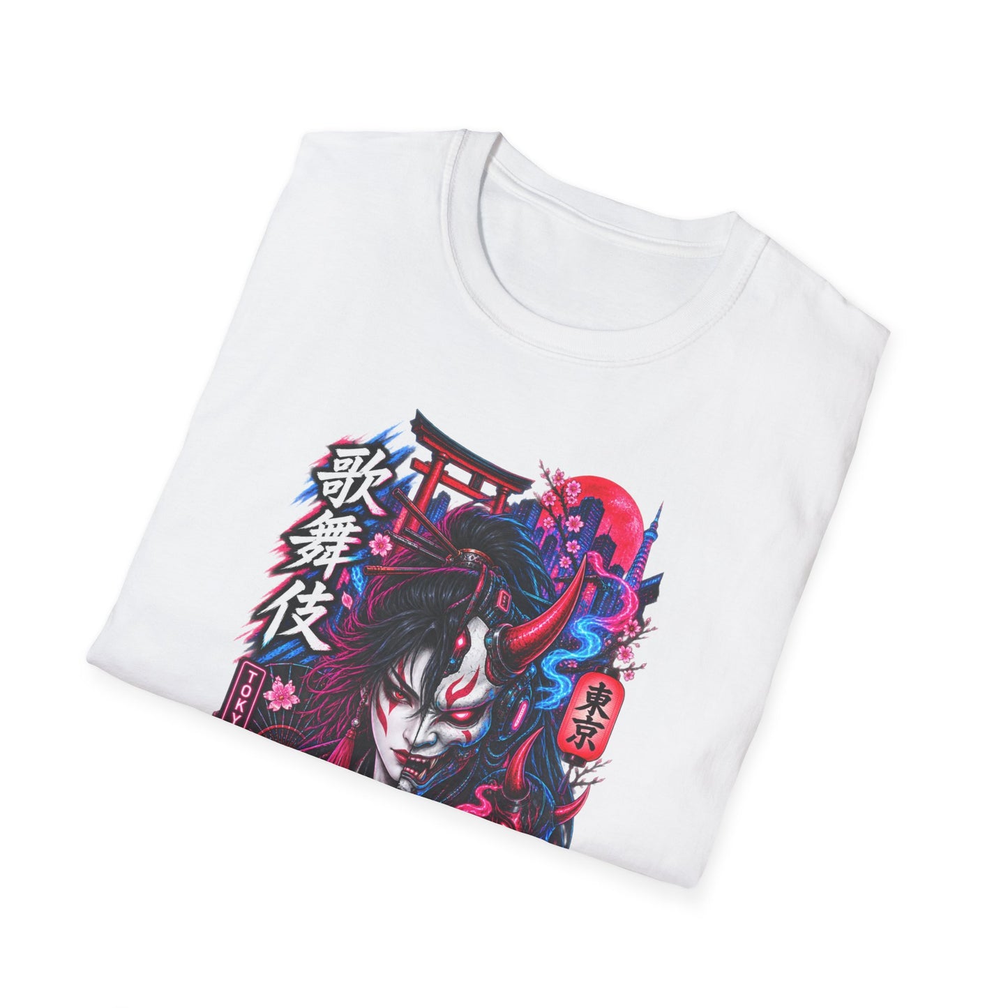 Neon Kabuki T-Shirt Detailansicht — Kabuki Maske Design Nahaufnahme