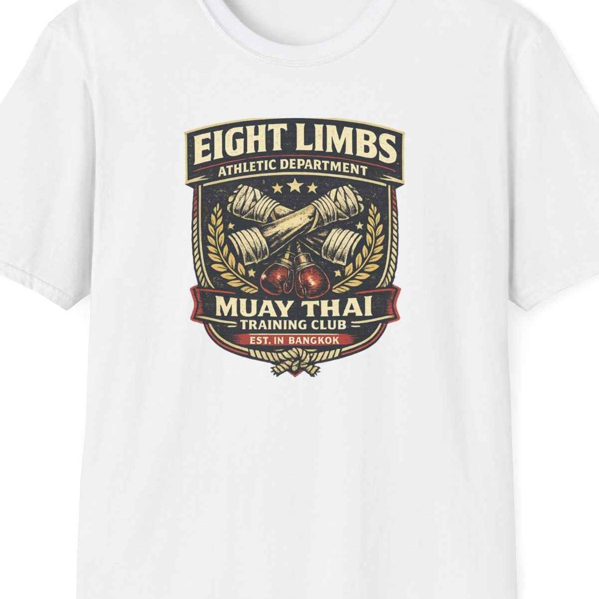 Eight Limbs Muay Thai T-Shirt – Bangkok Training Club Vintage Badge Graphic Tee – Design Nahaufnahme