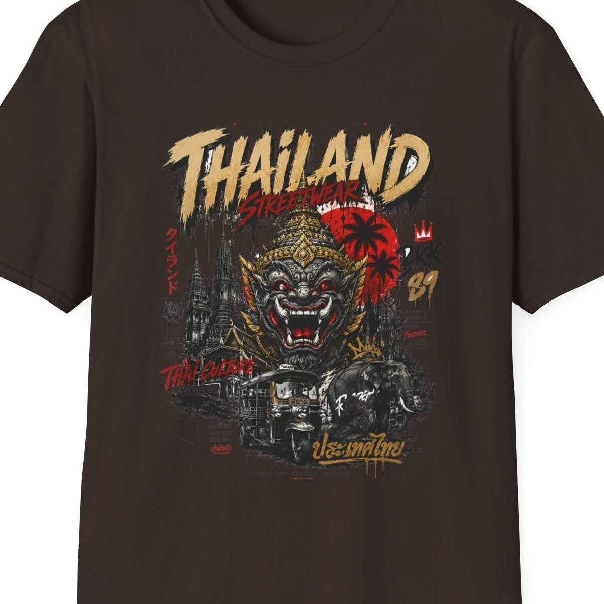 Thailand Streetwear T-Shirt — Bangkok Tempel & Elefant Herren Damen – Design Nahaufnahme