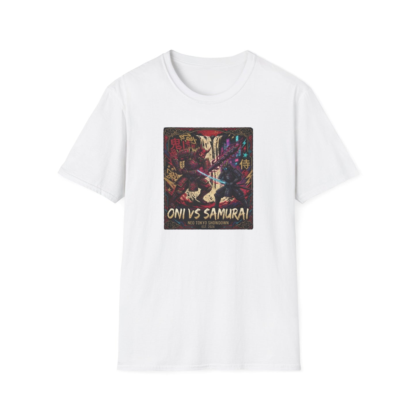 Oni vs Samurai T-Shirt weiß – Japanese Streetwear Anime Neon Geschenk