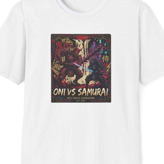 Oni vs Samurai T-Shirt – Japanese Streetwear Anime Kanji Herren Damen Unisex – Design Nahaufnahme