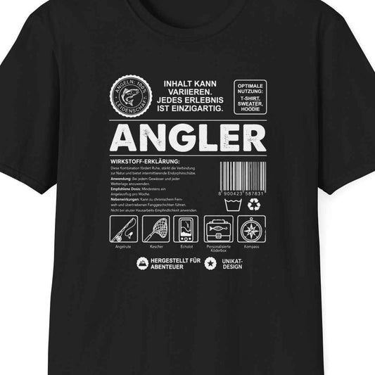 Wirkstoff Angler T-Shirt Herren – T-Shirt Frontansicht – Design Nahaufnahme