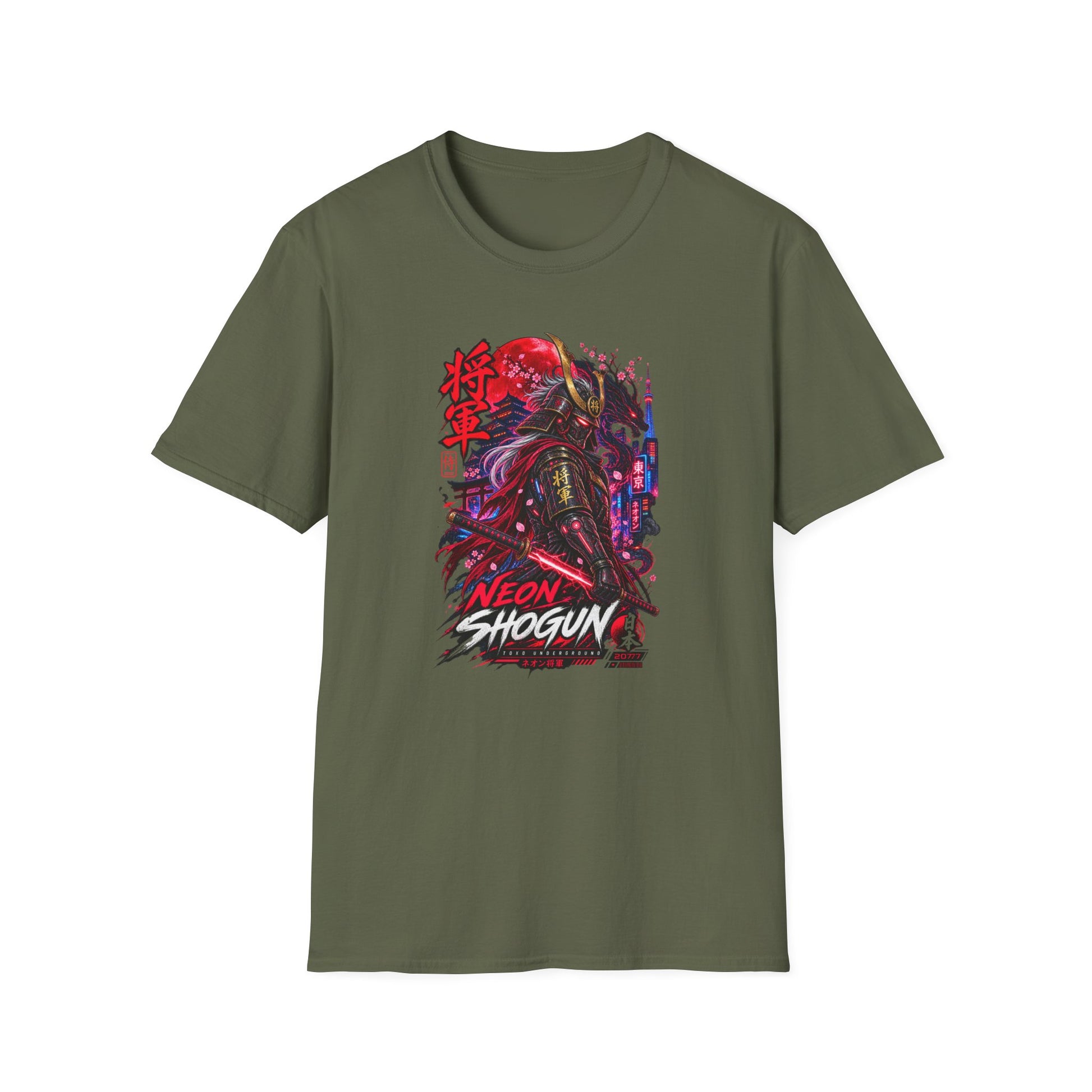 Neon Shogun T-Shirt Military Green – Cyberpunk Samurai Streetwear Vorderansicht
