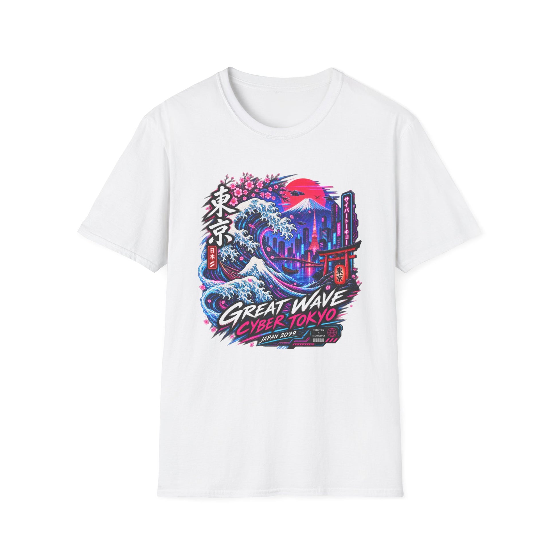 Neon Tokyo Wave T-Shirt weiß — Cyberpunk Great Wave Graphic Tee Geschenk