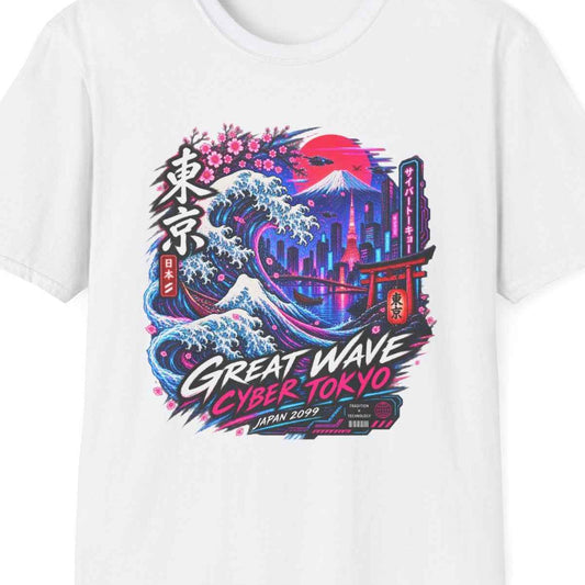 White Neon Tokyo Wave T-Shirt – Design Nahaufnahme