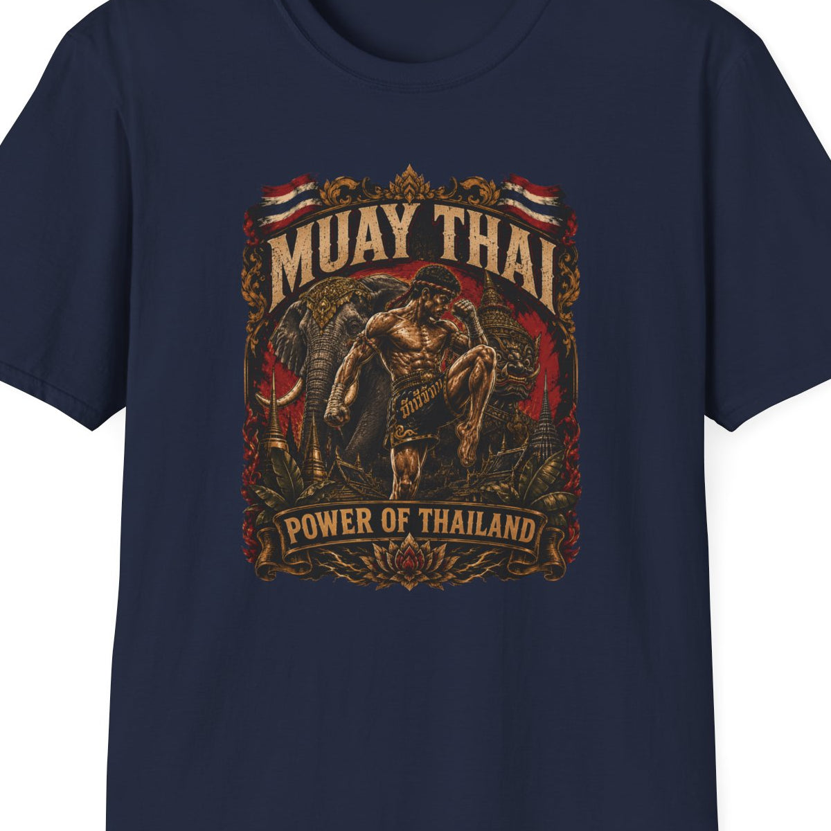 Muay Thai Born to Fight T-Shirt navy – Thai Streetwear Fighter Vorderansicht – Design Nahaufnahme
