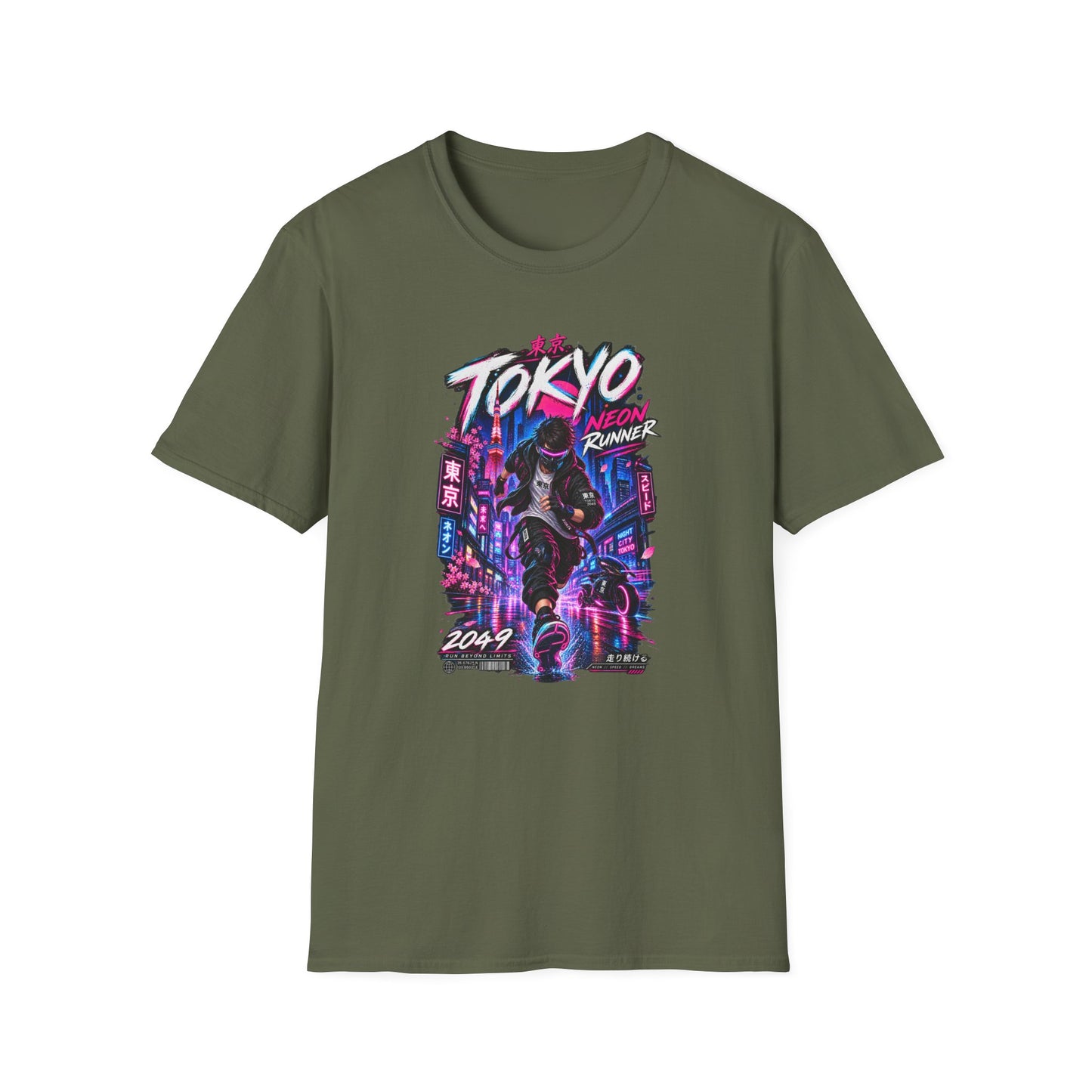 Tokyo Neon Runner T-Shirt Military Green – Cyberpunk Streetwear Vorderansicht