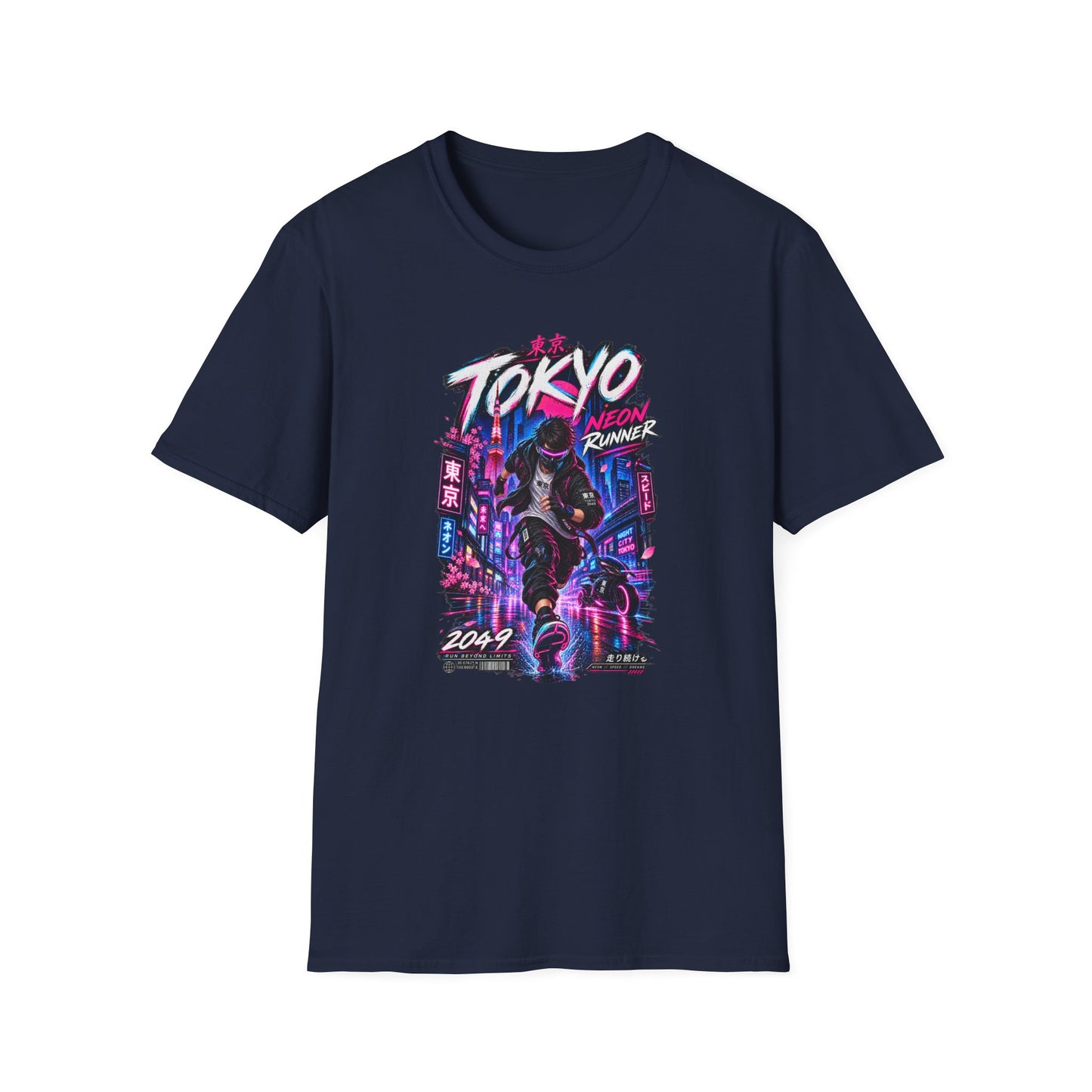 Tokyo Neon Runner T-Shirt Navy – Cyberpunk Detailansicht Print