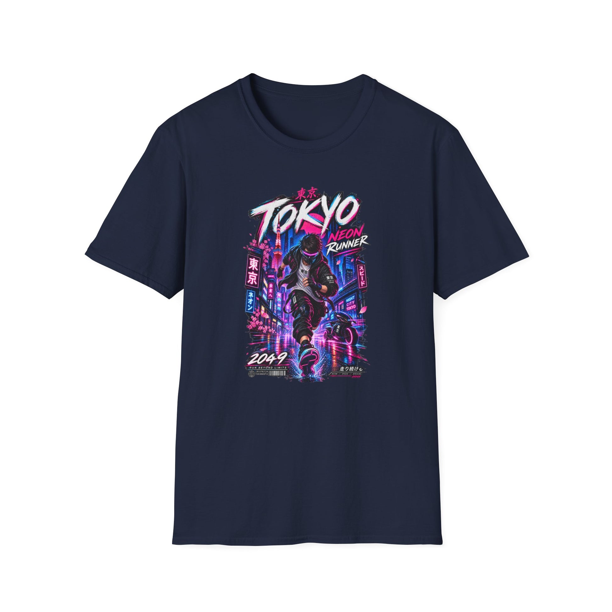 Tokyo Neon Runner T-Shirt Navy – Cyberpunk Detailansicht Print