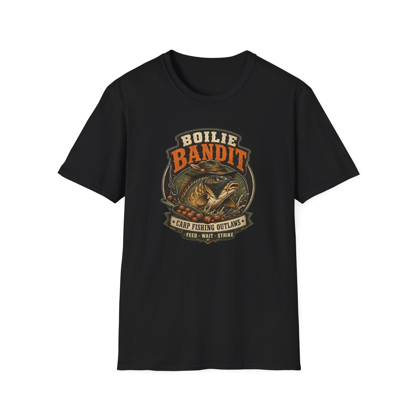 Boilie Bandit Angler T-Shirt Schwarz Karpfenangler Vintage Badge Print Vorderansicht