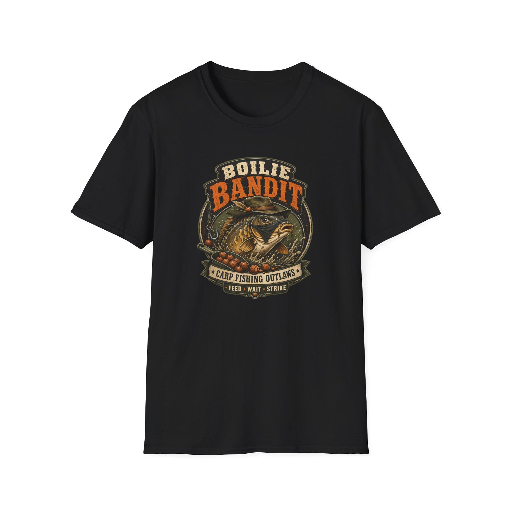 Boilie Bandit Angler T-Shirt Schwarz Karpfenangler Vintage Badge Print Vorderansicht