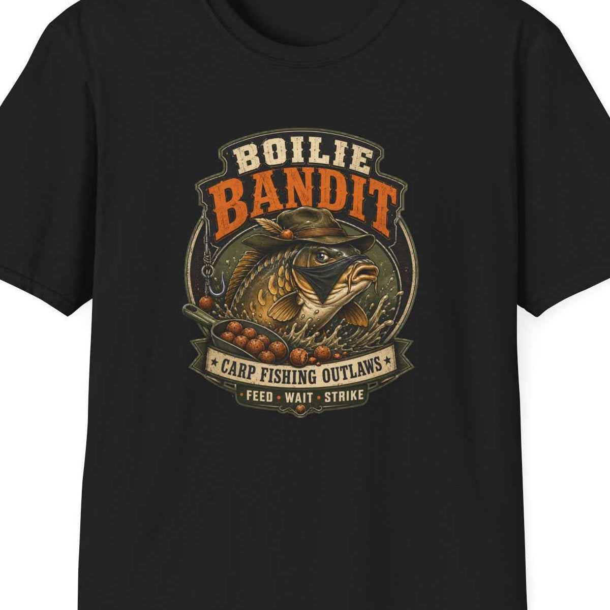 Boilie Bandit Angler T-Shirt – Karpfenangeln Vintage Badge, Geschenk für Angler – Design Nahaufnahme