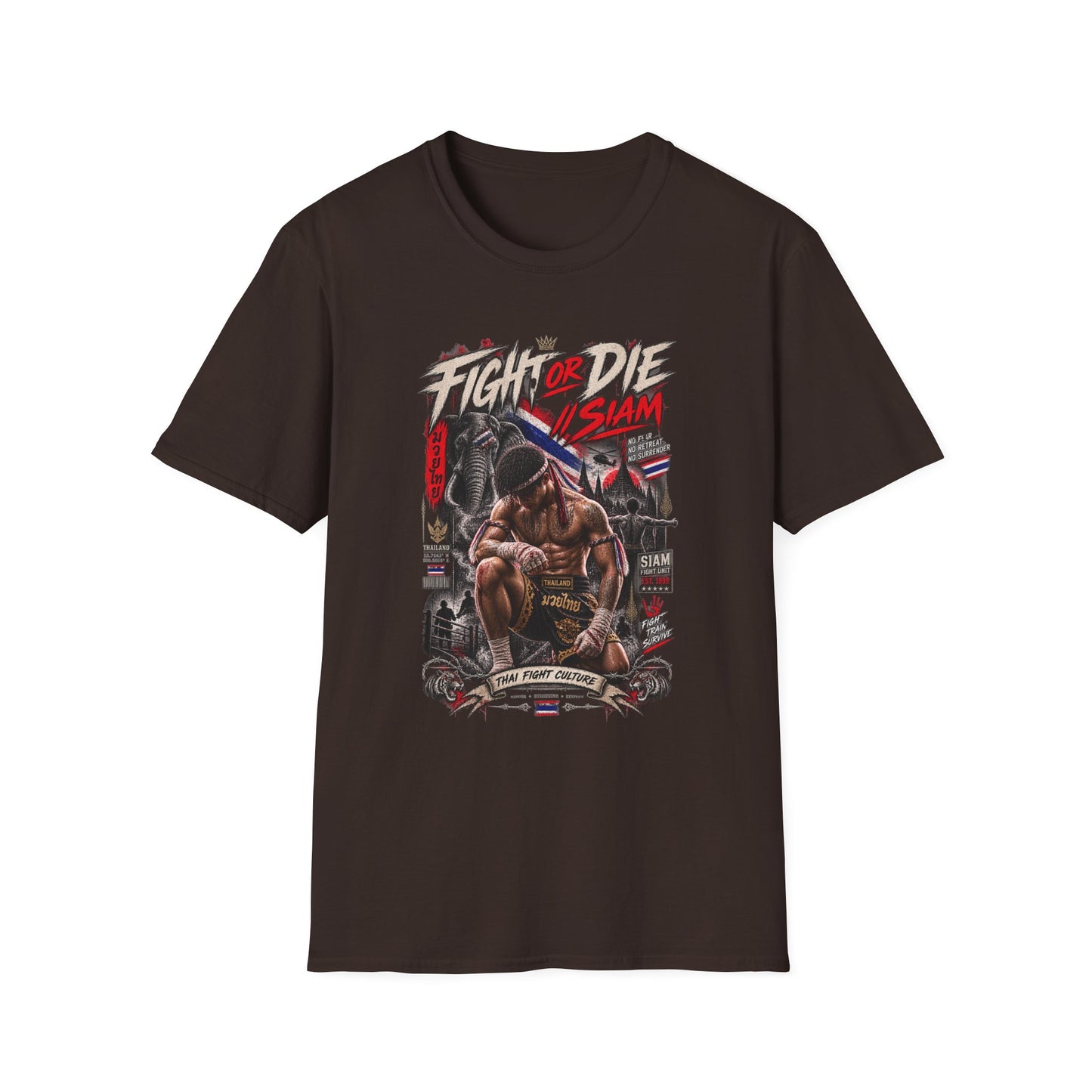 Fight or Die Muay Thai T-Shirt dunkelbraun — Thai Boxen Streetwear Vorderansicht