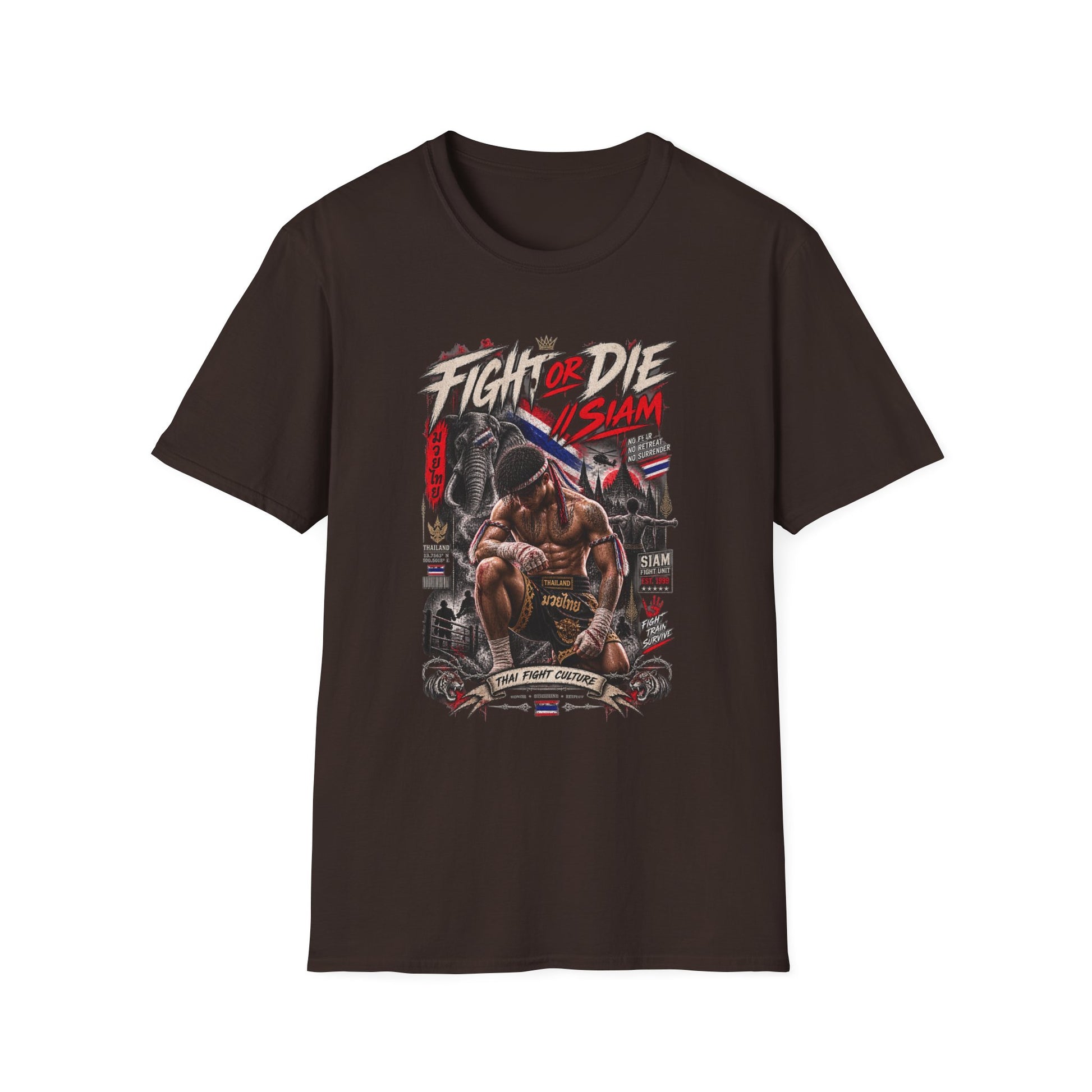 Fight or Die Muay Thai T-Shirt dunkelbraun — Thai Boxen Streetwear Vorderansicht
