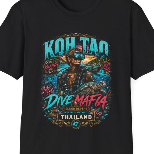Koh Tao Dive Mafia T-Shirt schwarz Scuba Diving Thailand Graphic Tee Unisex – Design Nahaufnahme