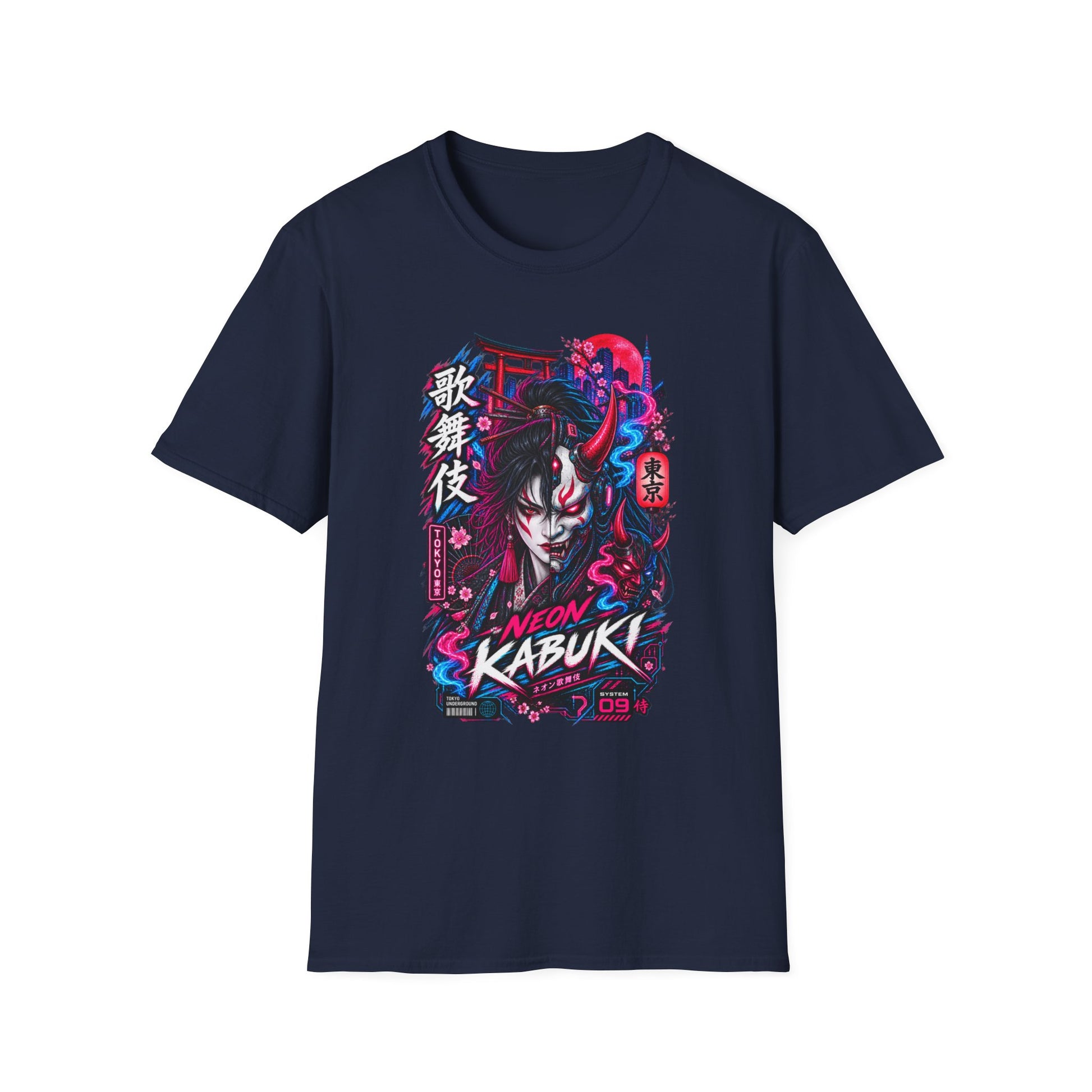 Neon Kabuki T-Shirt Navy — Tokyo Cyberpunk Streetwear Vorderansicht