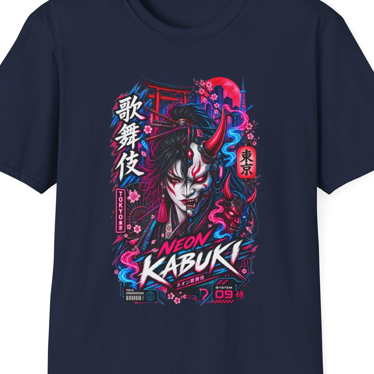 Neon Kabuki T-Shirt Navy — Tokyo Cyberpunk Streetwear Vorderansicht – Design Nahaufnahme
