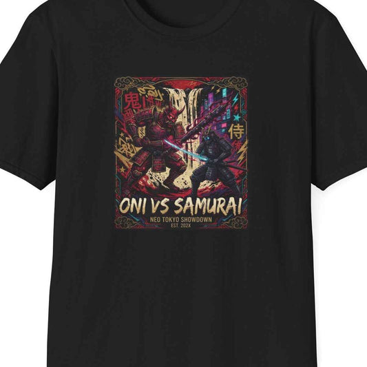 Oni vs Samurai T-Shirt – Japanese Streetwear Anime Kanji Herren Damen Unisex – Design Nahaufnahme