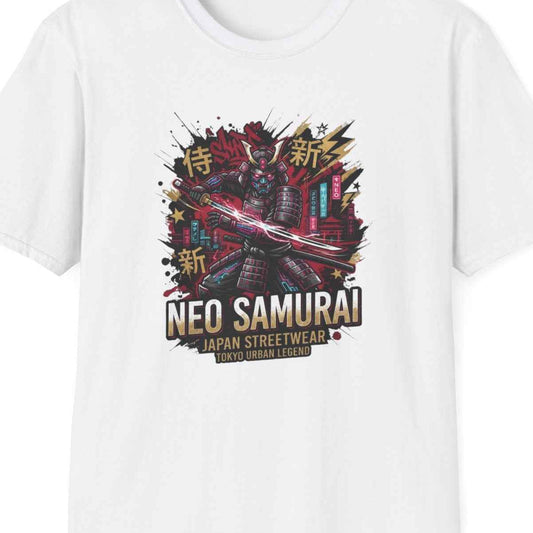 Neo Samurai T-Shirt weiß Katana Japanese Streetwear Graphic Tee Anime Geschenk – Design Nahaufnahme