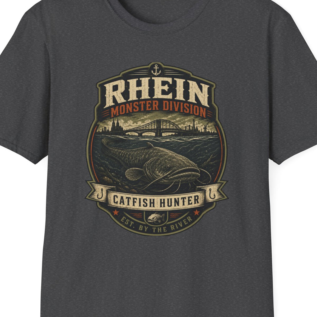 Rhein Monster Division T-Shirt grau meliert Wels Angler Unisex – Design Nahaufnahme