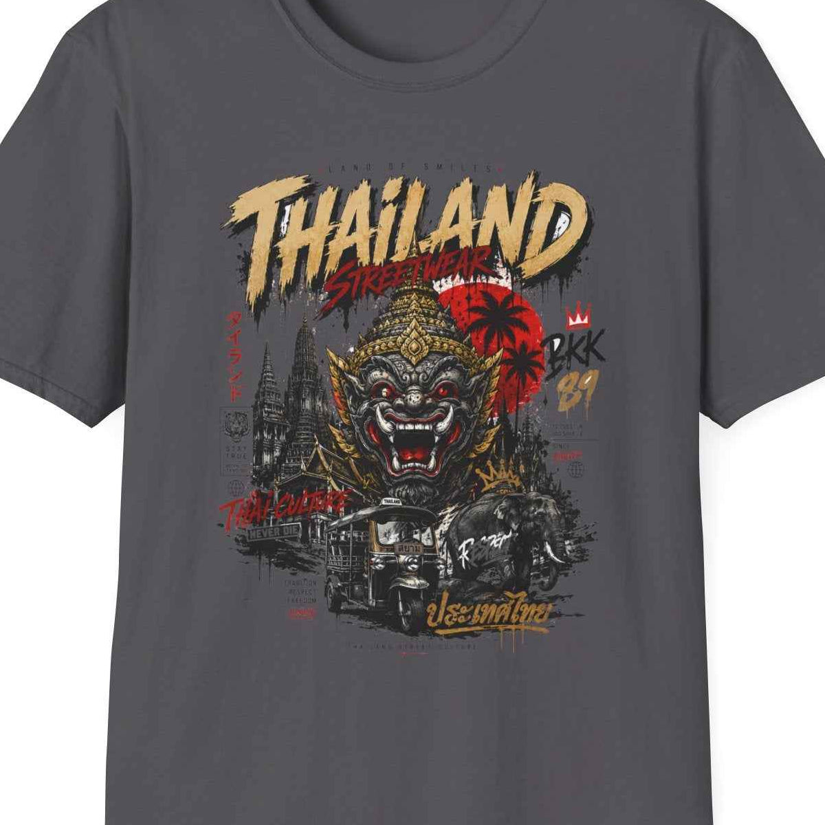 Thailand Streetwear T-Shirt — Bangkok Tempel & Elefant Herren Damen – Design Nahaufnahme