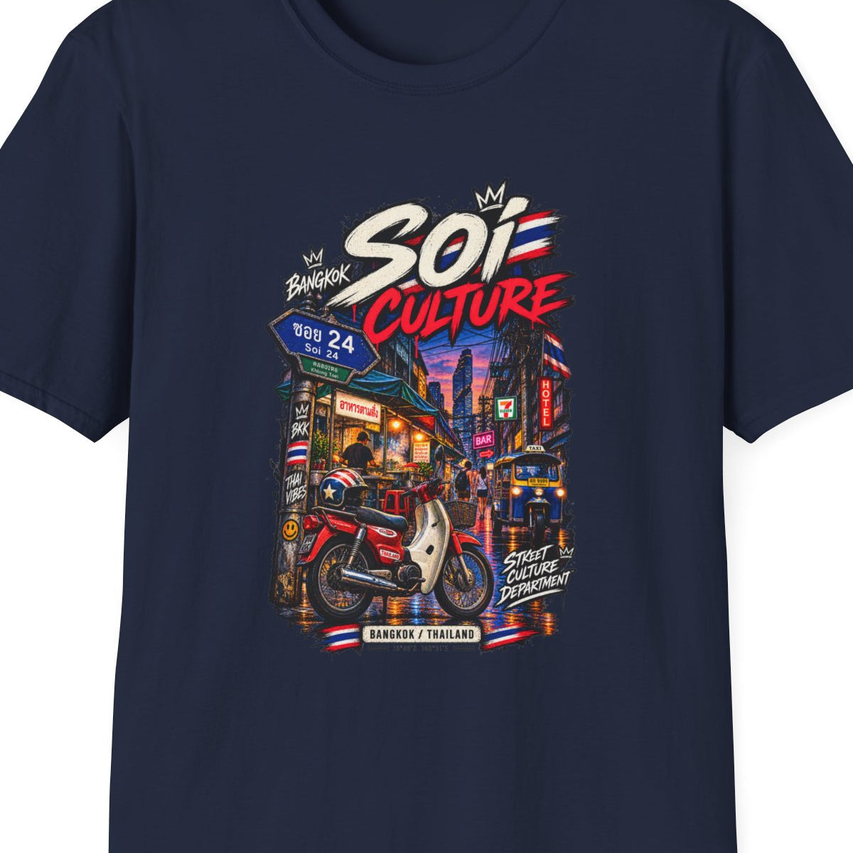 Bangkok Soi Culture T-Shirt Navy — Thai Streetwear Vorderansicht – Design Nahaufnahme