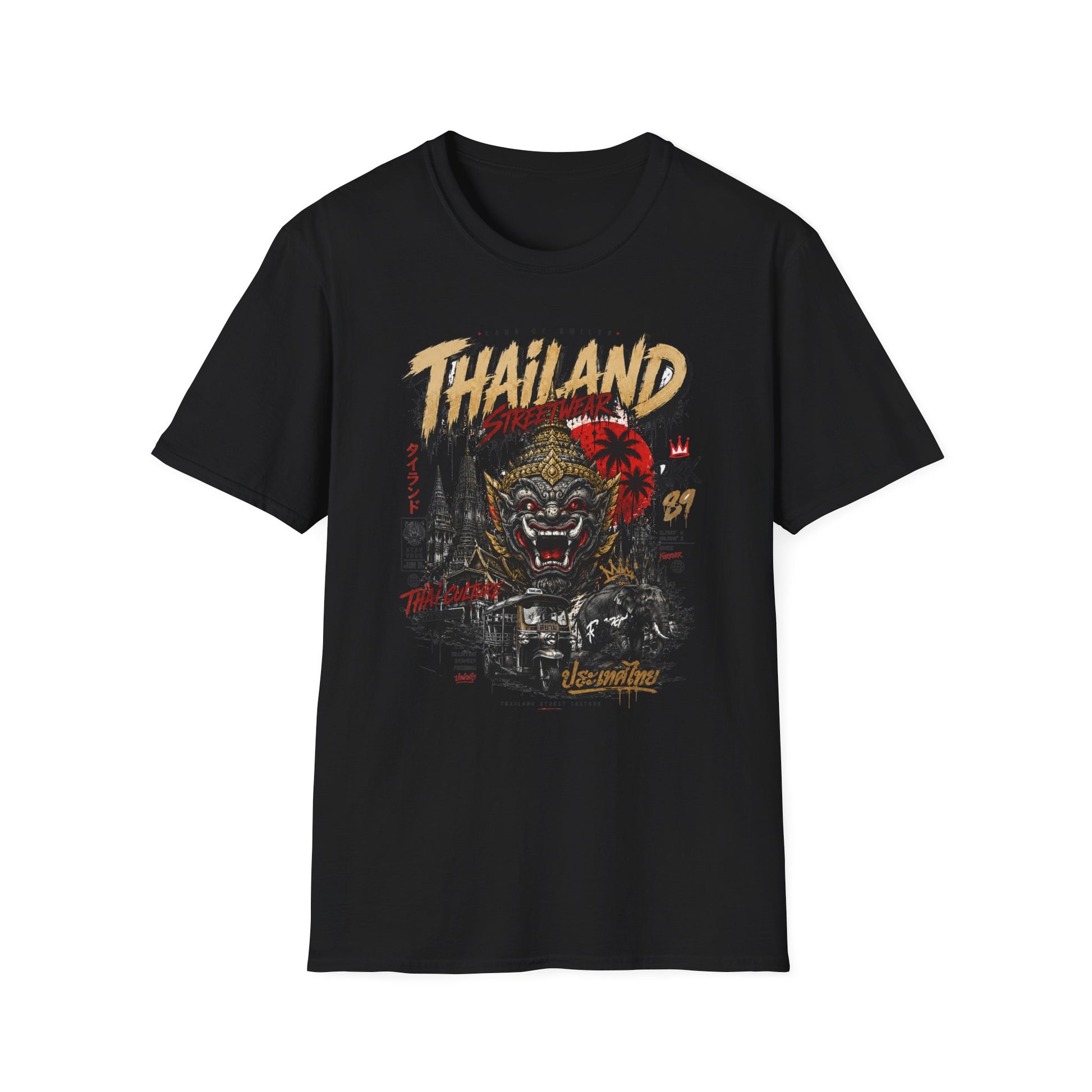 Thailand Streetwear T-Shirt schwarz — Yaksha Wächtermaske Thai Tempel Design