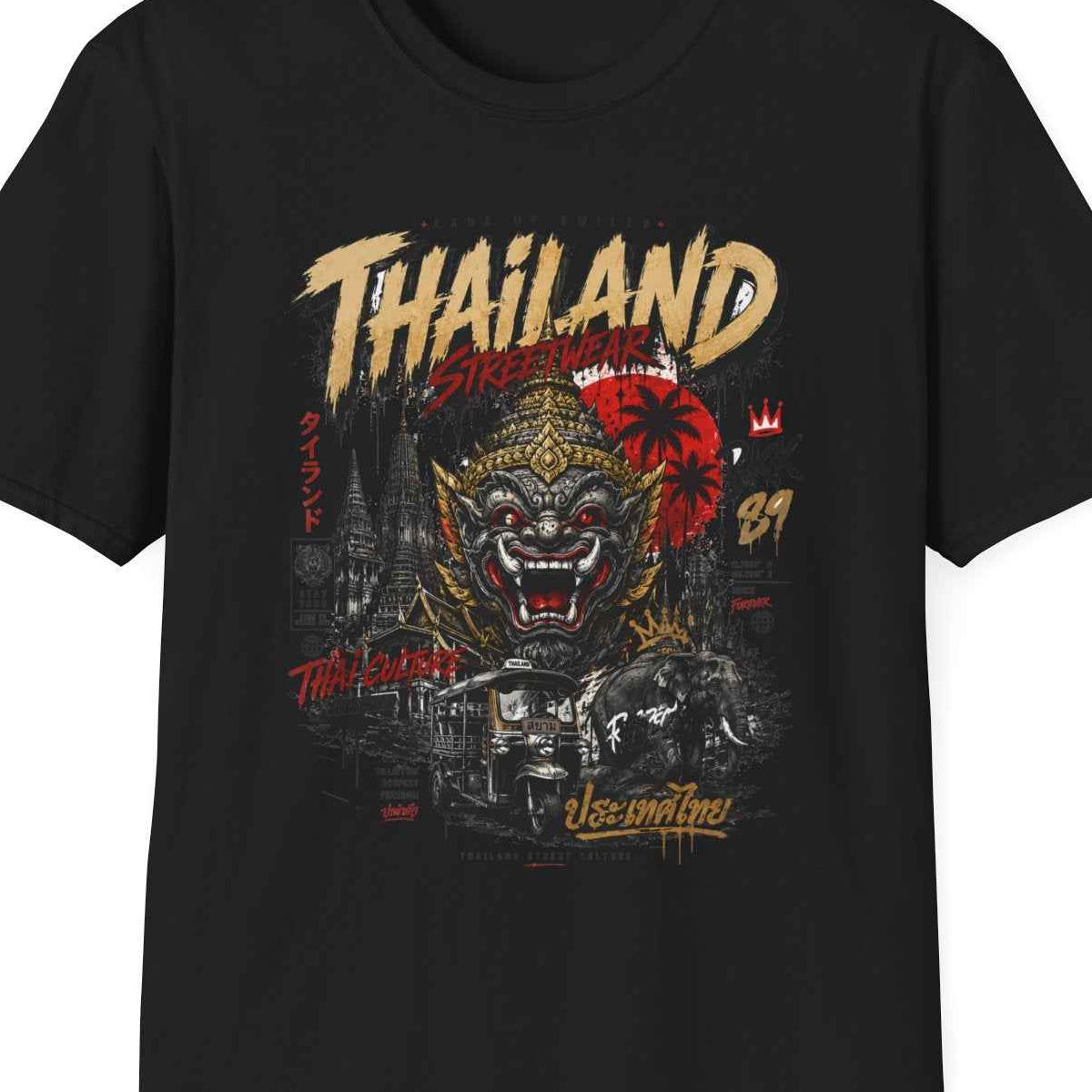 Thailand Streetwear T-Shirt — Bangkok Tempel & Elefant Herren Damen – Design Nahaufnahme
