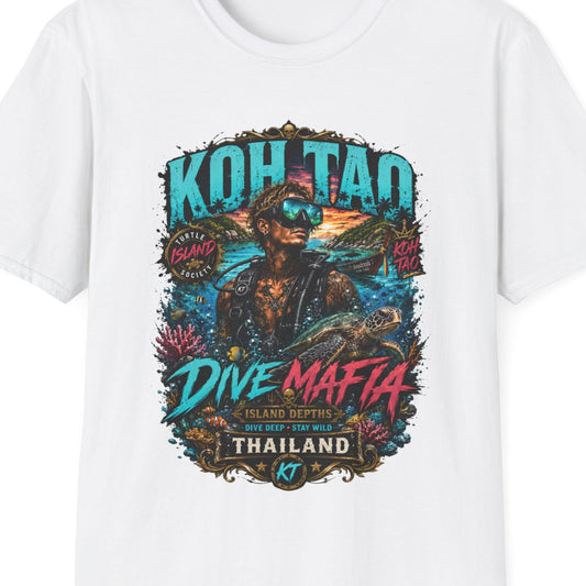 Koh Tao Dive Mafia T-Shirt weiß Scuba Diving Thailand Graphic Tee Streetwear Geschenk – Design Nahaufnahme