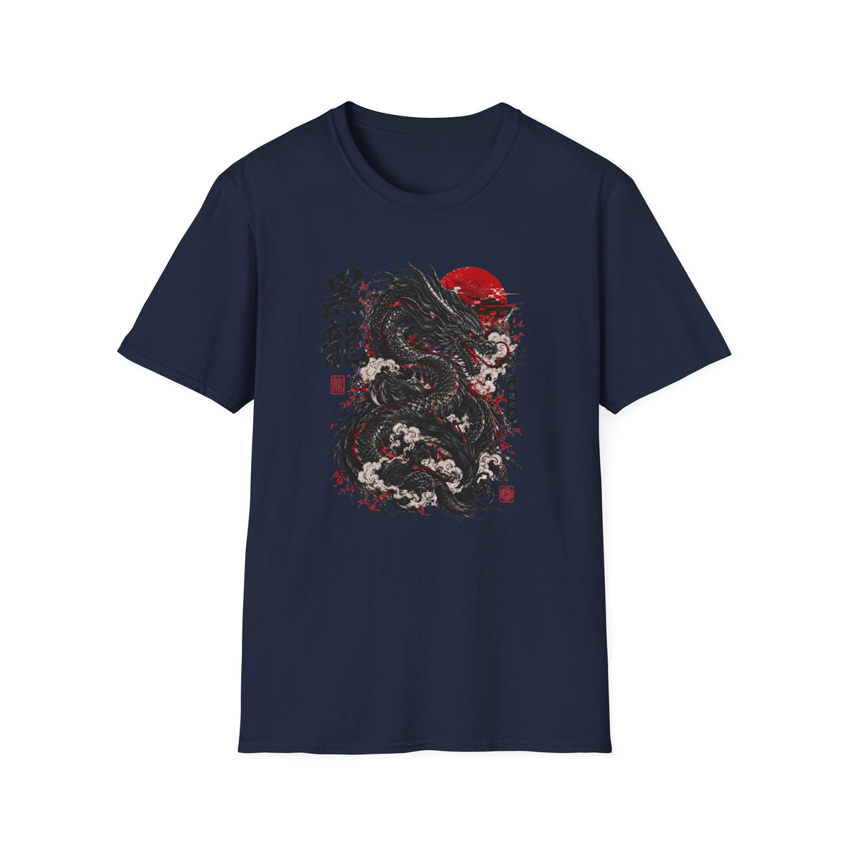 Black Dragon Kanji T-Shirt Navy — Japanese Streetwear Drachen Vorderansicht
