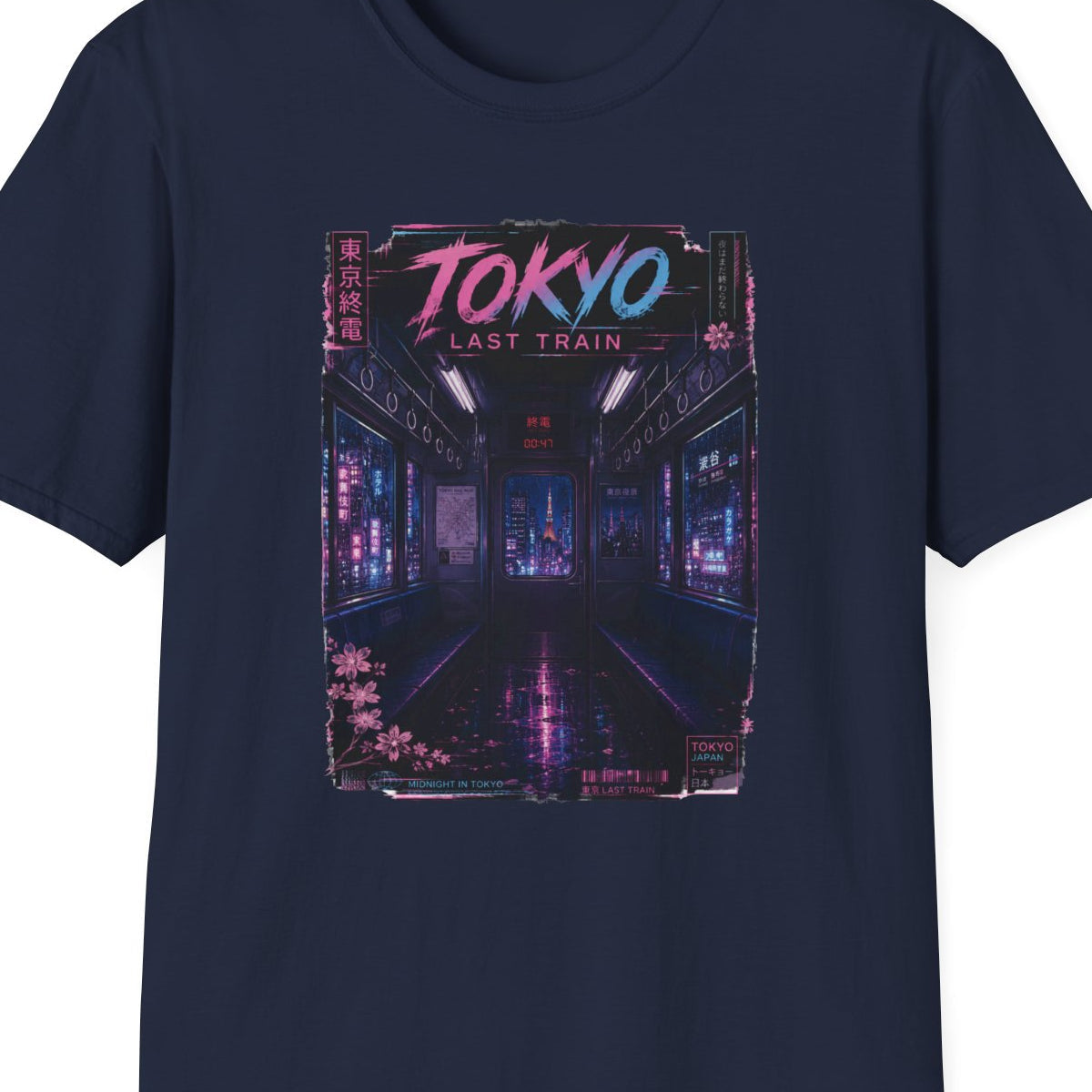 Tokyo Last Train T-Shirt Military Green Cyberpunk Streetwear Tee – Design Nahaufnahme