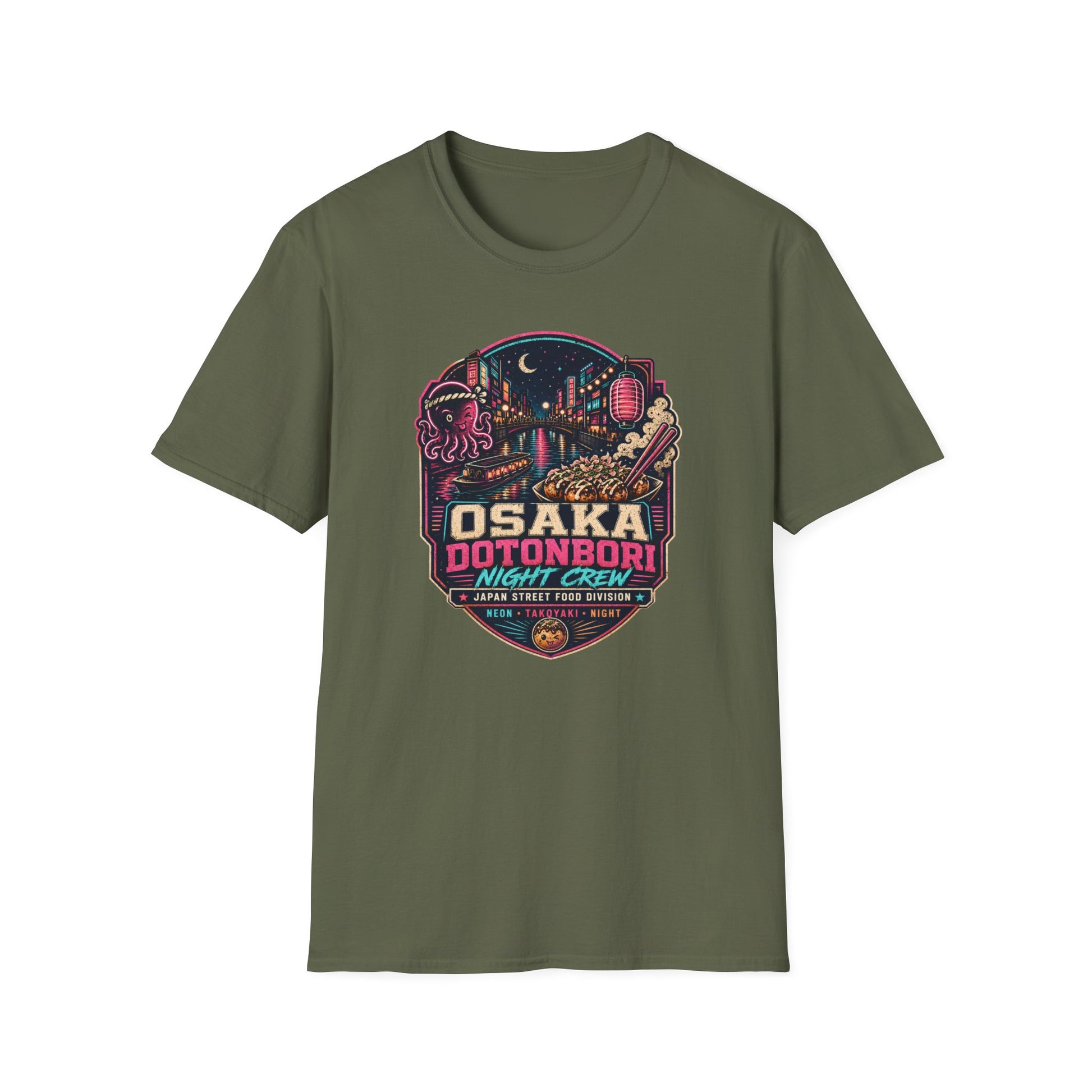 Osaka Dotonbori T-Shirt militärgrün Japan Street Food Graphic Tee Vorderansicht