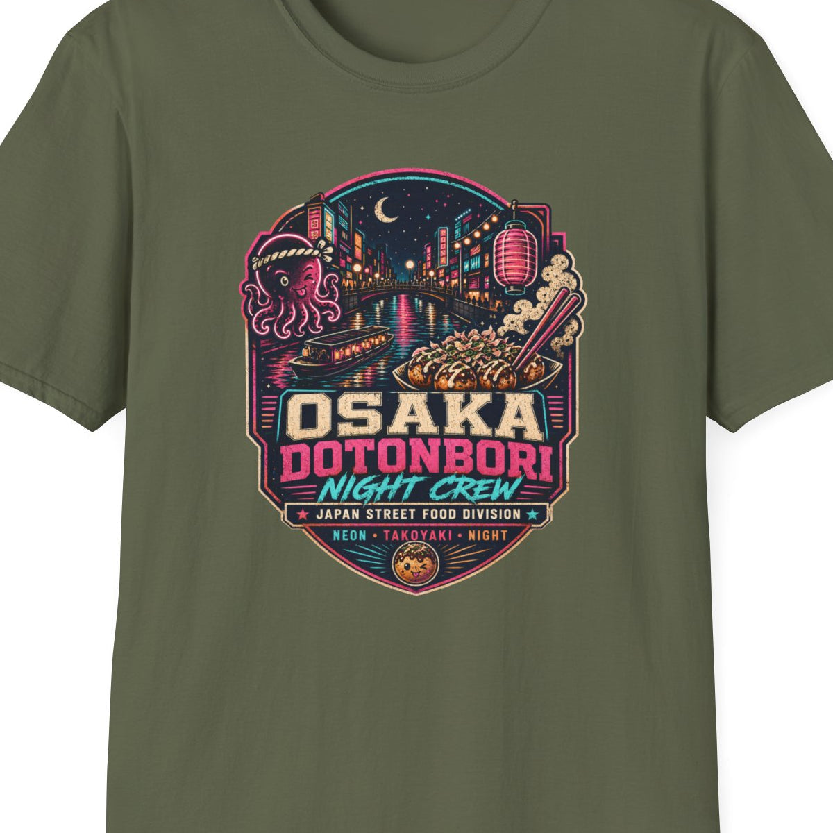 Osaka Dotonbori T-Shirt militärgrün Japan Street Food Graphic Tee Vorderansicht – Design Nahaufnahme