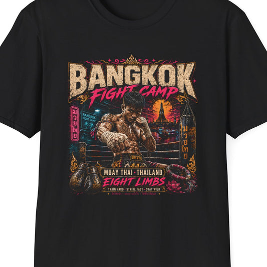 Bangkok Fight Camp T-Shirt schwarz Muay Thai Graphic Tee Streetwear Geschenk – Design Nahaufnahme
