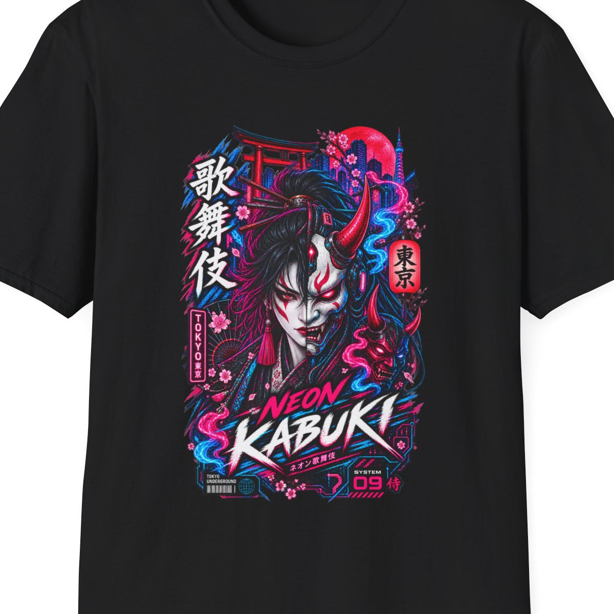 Neon Kabuki T-Shirt Schwarz — Cyberpunk Streetwear Vorderansicht – Design Nahaufnahme