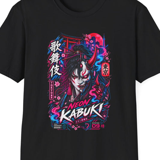 Neon Kabuki T-Shirt Schwarz — Cyberpunk Streetwear Vorderansicht – Design Nahaufnahme