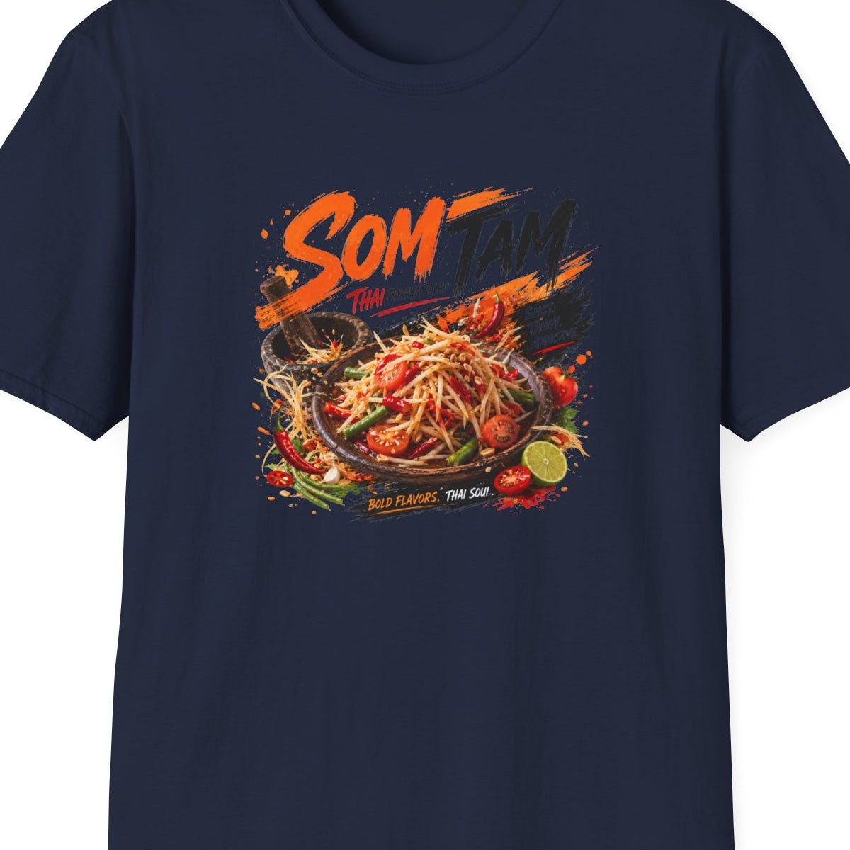 Som Tam T-Shirt Navy — Thai Papaya Salad Streetwear Vorderansicht – Design Nahaufnahme