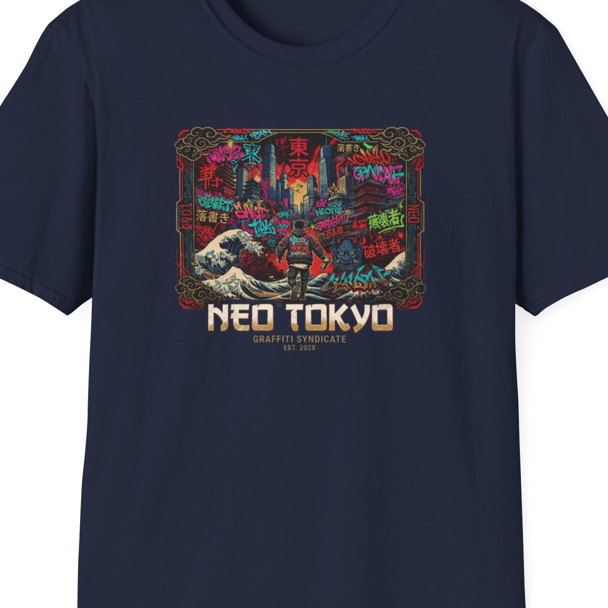 Tokyo Graffiti T-Shirt Navy — Streetwear Vorderansicht – Design Nahaufnahme