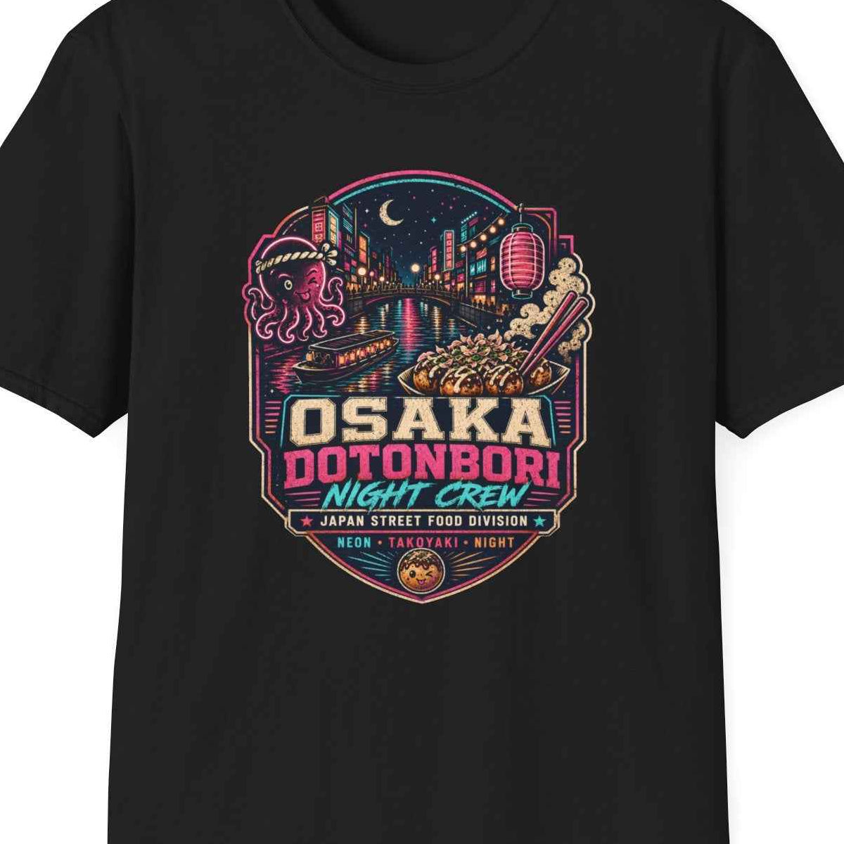 Osaka Dotonbori T-Shirt schwarz Japan Street Food Graphic Tee Unisex Vorderansicht – Design Nahaufnahme