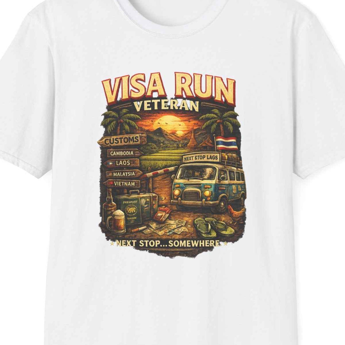 Visa Run Veteran T-Shirt weiß Funny Southeast Asia Travel Graphic Tee Expat Geschenk – Design Nahaufnahme