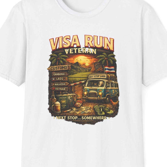Visa Run Veteran T-Shirt weiß Funny Southeast Asia Travel Graphic Tee Expat Geschenk – Design Nahaufnahme