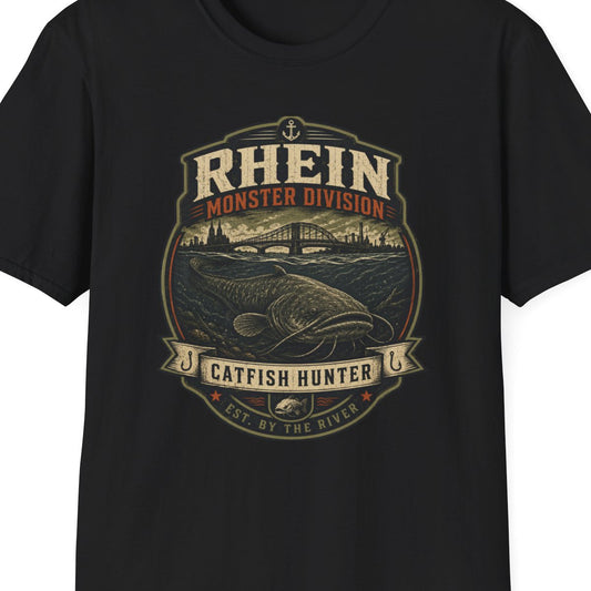 Rhein Monster Division T-Shirt schwarz Wels Angler Geschenk – Design Nahaufnahme