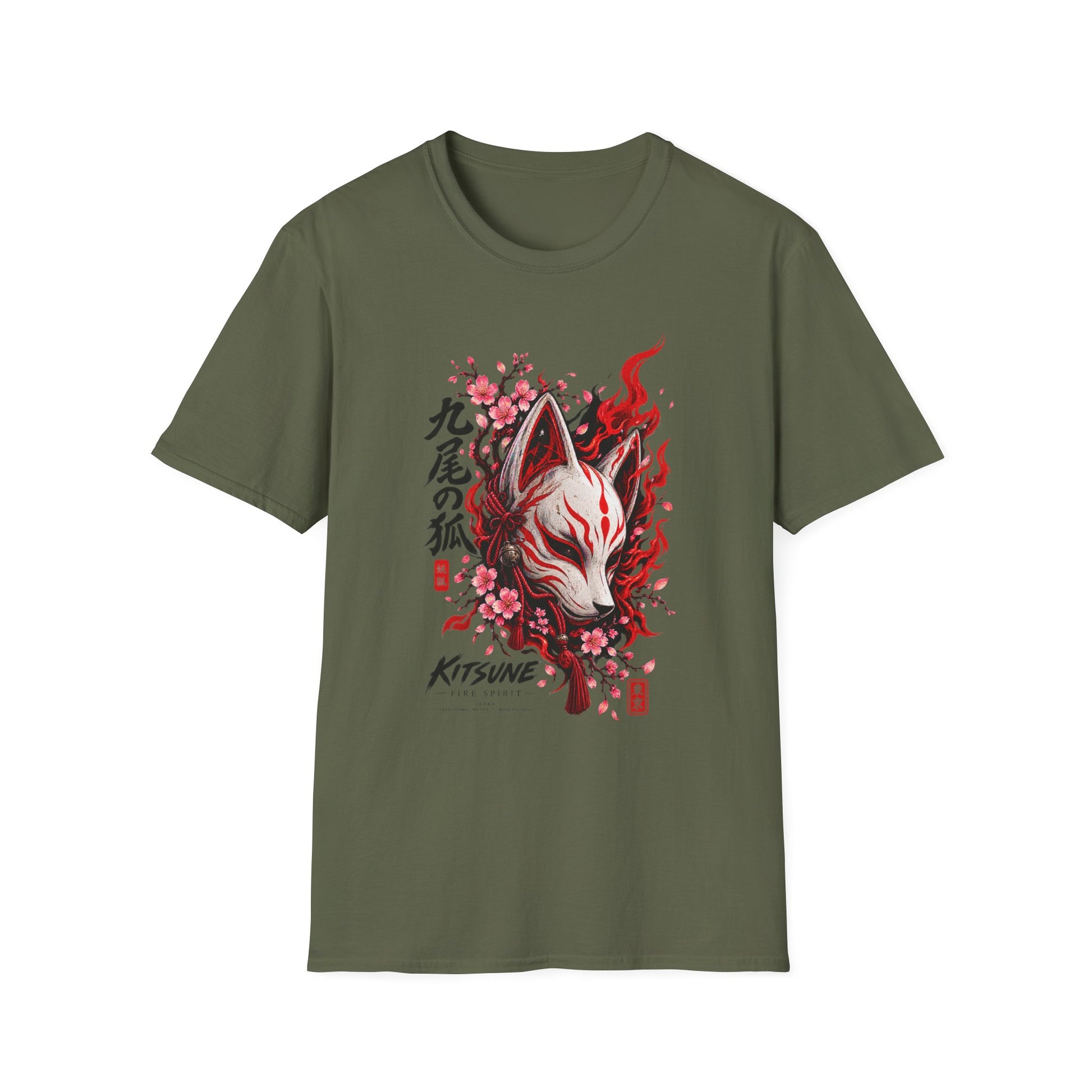 Kitsune Fire Spirit T-Shirt Military Green — Feuerfuchs Streetwear Vorderansicht
