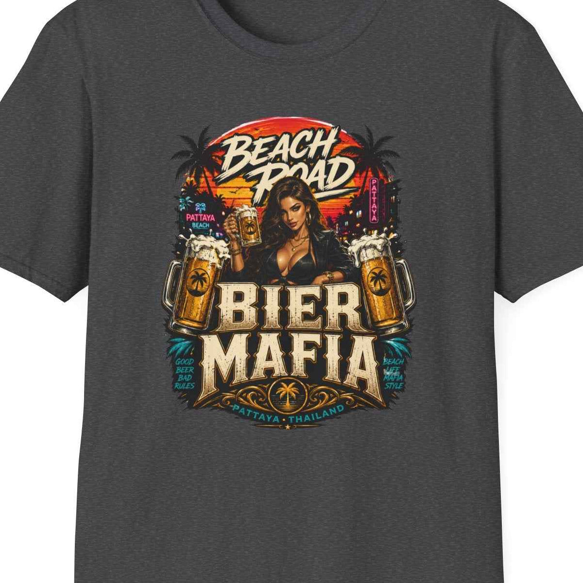 Beach Road Bier Mafia T-Shirt Dark Heather Pattaya Beach Bar Streetwear – Design Nahaufnahme