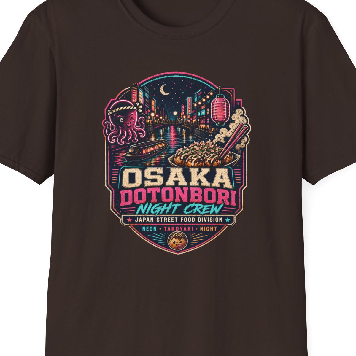 Osaka Dotonbori T-Shirt schwarzbraun Japan Street Food Graphic Tee Vorderansicht – Design Nahaufnahme
