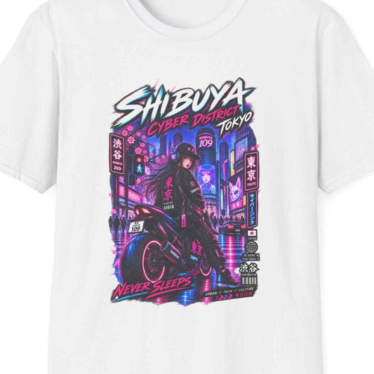 Shibuya Cyber District T-Shirt – Tokyo Cyberpunk Streetwear Herren Damen – Design Nahaufnahme