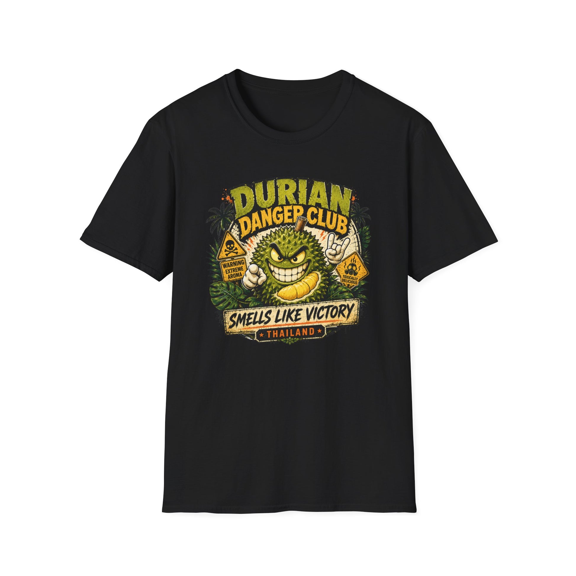 Durian Danger Club Designdetail Durian Maskottchen Neon Grunge Artwork Nahaufnahme