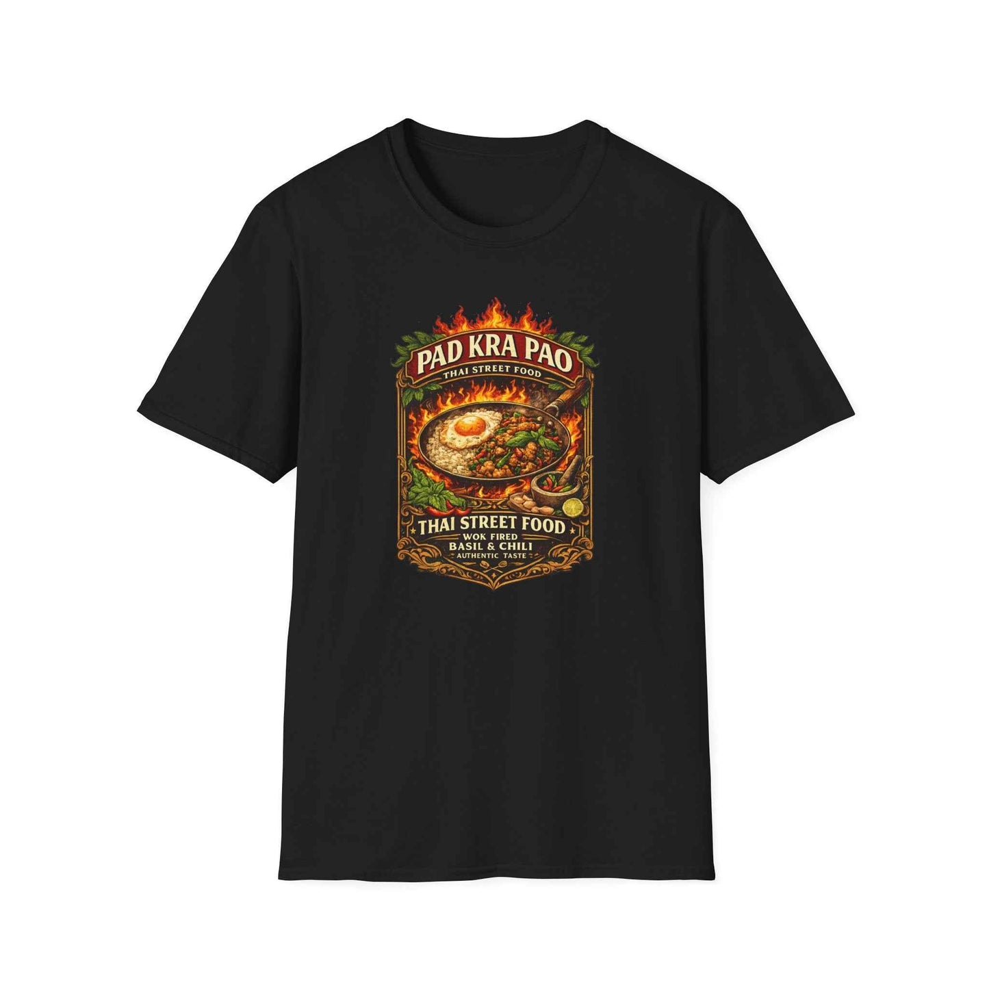Pad Kra Pao T-Shirt schwarz Thai Street Food Graphic Tee Unisex Vorderansicht